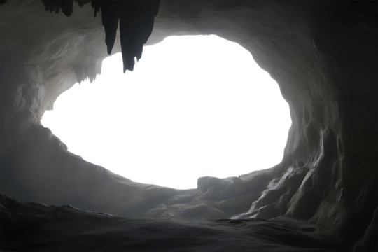 The dark opening of a cave with stalactites and textured rock formations entrance Cutout PNG isolated on a transparent background