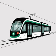 A modern electric tram depicted with a clean and simplistic background, emphasizing the vehicle's design and its role in contemporary urban transportation.