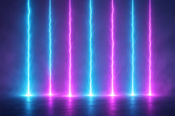 Abstract neon glow pillars with reflections abstract light show