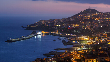 Island landscape after sunset view to Funchal, Madeira, Portugal timelapse