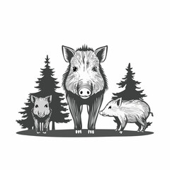 Wild boar family with piglets. Animal in natural habitat. Wild pig illustration. Isolated on white background. Vector. © 3okaad_Vectors