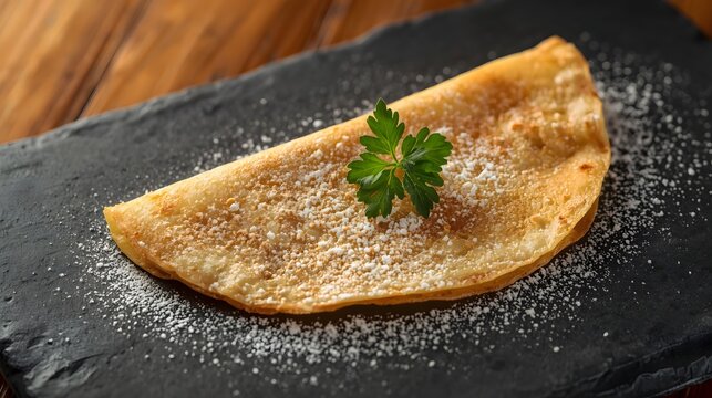 Delicious thin rolled crepe pancake served on black slate plate, dusted with powdered sugar and garnished with fresh parsley leaf, traditional sweet dessert concept