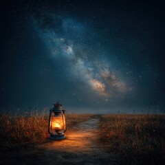 Illuminated Lantern Guides Path Under Milky Way Galaxys Celestial Glow.