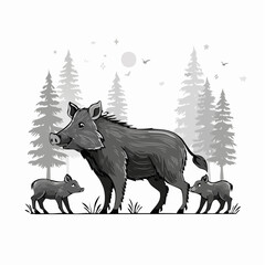 Wild boar family with piglets. Animal in natural habitat. Wild pig illustration. Isolated on white background. Vector. © 3okaad_Vectors