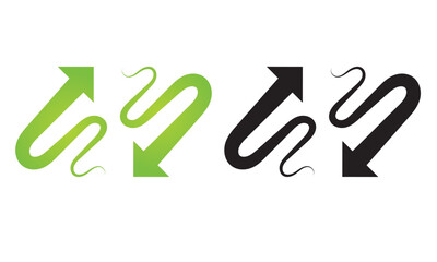 Obraz premium Green and black curved graph arrow icon. Illustration of curved arrows pointing upward and downward in green and black colors, symbolizing exchange, balance, movement, and direction. vector .