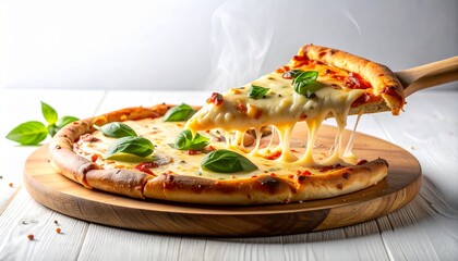 Hot pizza slice lifted with melted cheese stretch. AI generated.