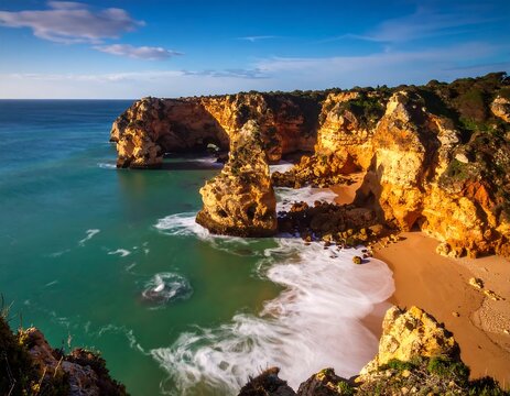 Coastal landscape with dramatic arches and sandy beach