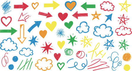 Colorful Hand-Drawn Arrows, Hearts, Stars, and Clouds on White Background