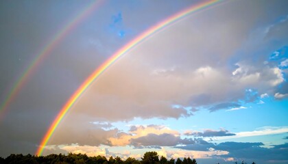 Double rainbow arcing over clouds and trees