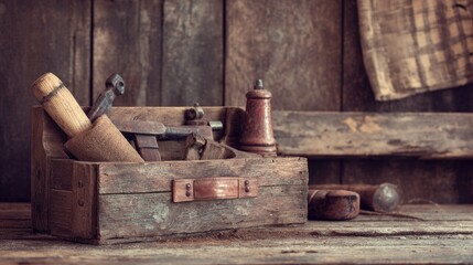 Old wooden toolbox filled with vintage tools on a workbench.