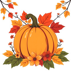 Naklejka premium Vector illustration of an orange pumpkin with autumn leaves for Halloween and Thanksgiving harvest season
