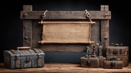 Wooden display with tools and scroll.