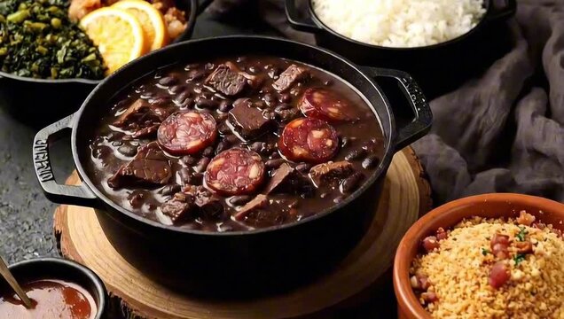 A traditional Brazilian dish, feijoada, is presented on a table with various side dishes. The dish is rich and flavorful, perfect for sharing with friends and family.