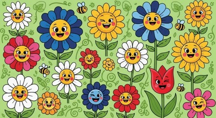 Fototapeta premium A vibrant pattern of cheerful flowers and bees, featuring diverse colors and whimsical expressions.
