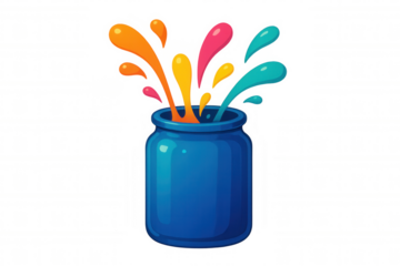 Illustration of colorful paint splashing from blue jar on transparent background, representing creativity, art, and design