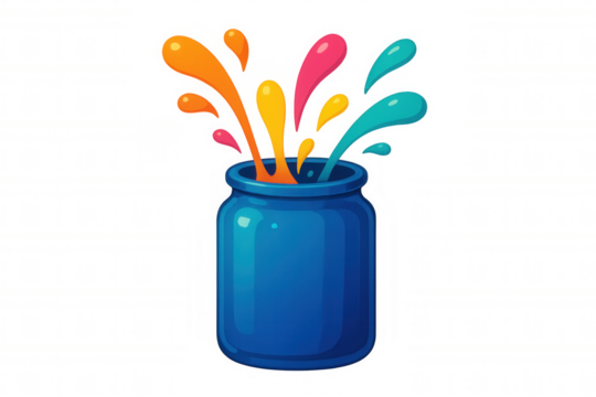 Illustration of colorful paint splashing from blue jar on transparent background, representing creativity, art, and design
