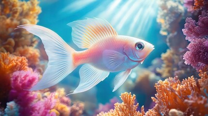 Fototapeta premium colorful fish swimming among vibrant coral reefs under bright sunrays in clear blue water