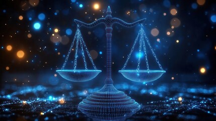 Futuristic glowing digital scales of justice made of blue light particles balanced evenly against a dark background with floating light orbs
