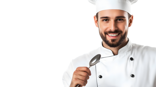 Smiling chef in uniform holding a spoon isolated on transparent background with a friendly and professional demeanor