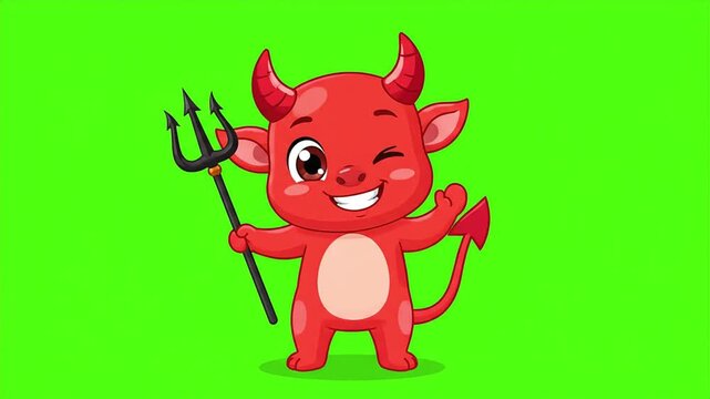 Cute Cartoon Devil Character Standing Confidently with Pitchfork and Tail on Bright Green Background