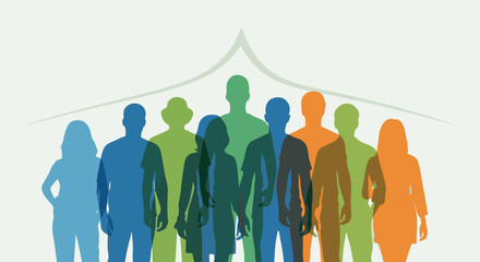 Diverse Group Silhouette in Blue, Green, and Orange