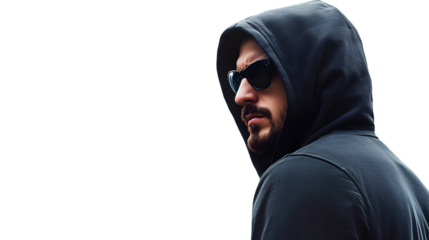 Man in hoodie and sunglasses looking over his shoulder isolated on transparent background with copy space