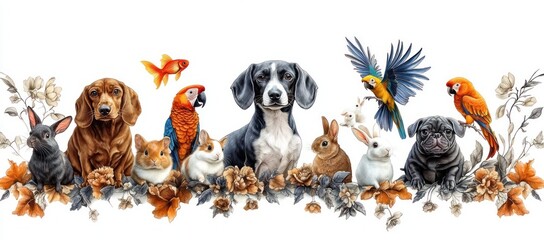 A group of various animals including dogs, rabbits, parrots, a goldfish, and hamsters sitting among orange and beige flowers on a white background, conveying harmony and diversity