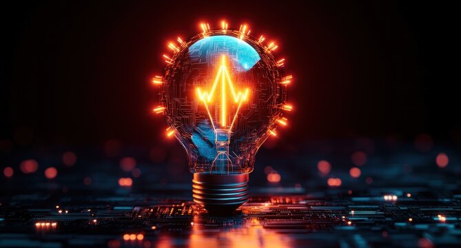 Futuristic glowing light bulb with neon circuit patterns and an illuminated heartbeat waveform filament, set on a high-tech digital circuit board in dark environment