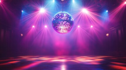 Empty dance floor illuminated by colorful pink and blue lights reflecting off a disco ball in a dark vintage room filled with vibrant atmosphere