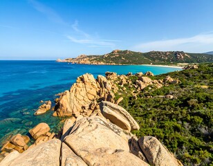 Coastal landscape with rocks, turquoise water, and a sunny sky