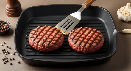 Grilled Beef Burgers in a Pan.