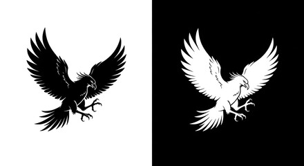 Obraz premium A powerful illustration of a majestic bird of prey in a dynamic pose, presented in black and white variations, symbolizing freedom, strength, and nobility