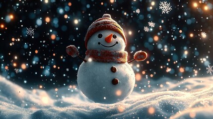 Happy snowman wearing a striped hat and scarf with carrot nose and twig arms standing in softly falling snow with glowing lights in the background