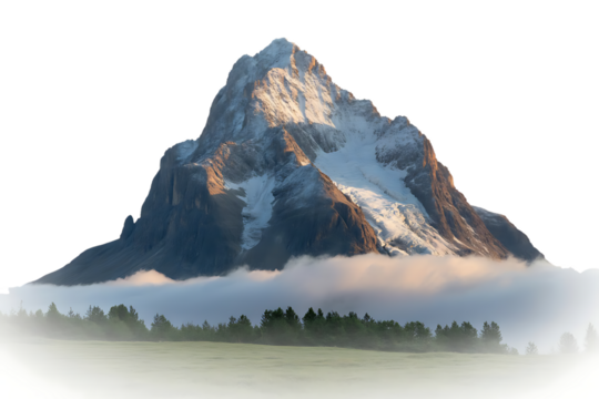 Majestic snow-capped mountain peak emerging from clouds with green forest below on a transparent background Cutout PNG isolated on a transparent background