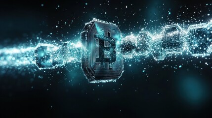 Digital representation of a blockchain chain with glowing linked hexagonal blocks centered around a prominent bitcoin symbol emitting bright particles in a dark space