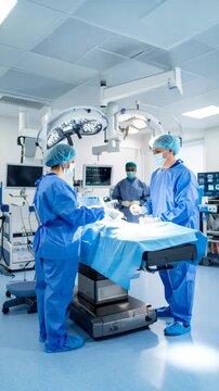 Surgeons operating in sterile hospital operating room with bright surgical lights and medical equipment during the surgery