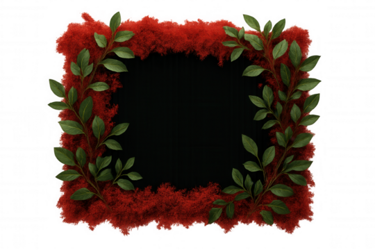 Vibrant red blooming flowers and verdant green leaves forming rectangular decorative frame, isolated on transparent backdrop