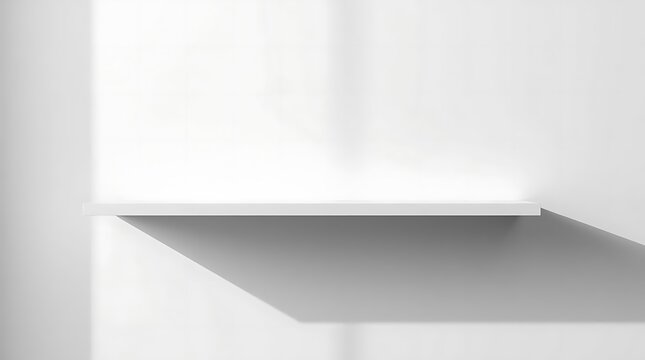 Minimalist floating shelf against a clean white wall offers versatile display space for products or decor mockups