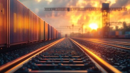 Railway tracks extending into a sunset with cargo containers on one side and industrial structures in the background, glowing with warm evening light