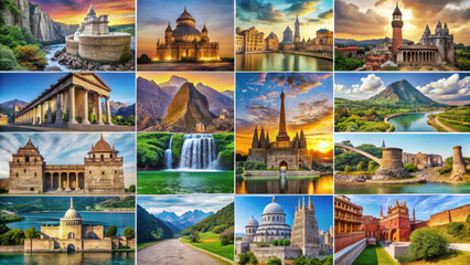 a collage of diverse architectural landmarks and natural landscapes