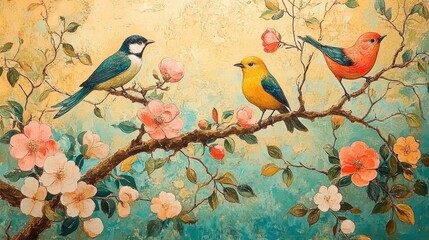 Three colorful birds perched on a blossoming tree branch with pink flowers against a soft gradient yellow and blue background, evoking a peaceful and natural scene