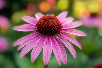 Obraz premium Close-up of a vibrant pink coneflower with detailed orange-brown central cone surrounded by blurred colorful background
