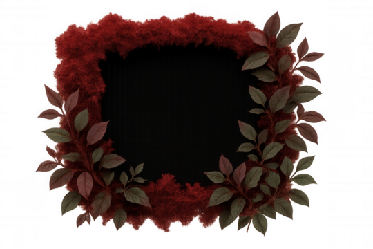 Red moss and autumn leaves are creating a natural frame with a black copyspace on a transparent background