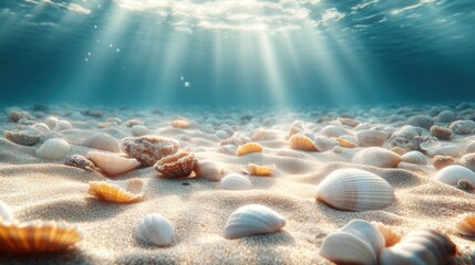 Underwater scene of sunlit, sandy seabed covered with shells