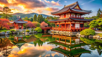 Fototapeta premium a serene japanese garden with traditional pagoda at sunset
