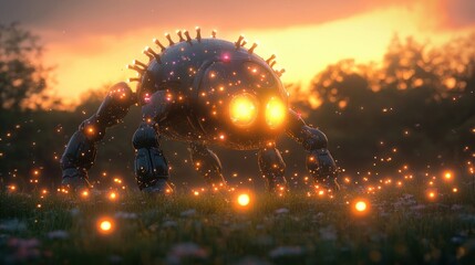 Futuristic glowing robotic spider with bright orange lights on its body standing in a meadow at sunset surrounded by glowing orbs and soft wildflowers