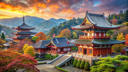 Fototapeta premium ancient temple amidst vibrant autumn foliage under colorful sky