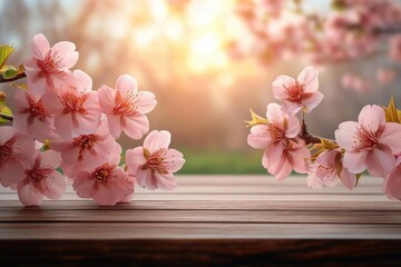 delicate pink cherry blossoms on branches placed on a wooden surface with a warm glowing sunrise background creating a peaceful and serene atmosphere