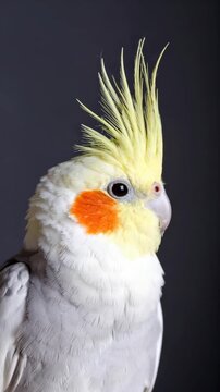 Close-up profile portrait of a single cockatiel bird with yellow crest, orange cheek patches, and grey and white plumage on a dark background.