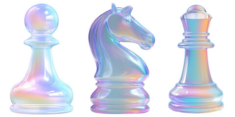 3D Glass Icon Set of Colorful Iridescent Chess Pieces Including Pawn, Knight, and Queen